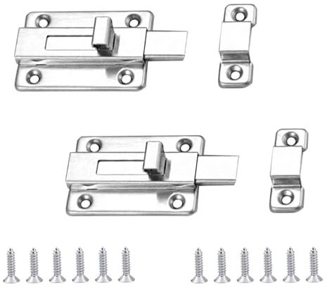 2PCS Door Bolt Stainless Steel Door Latch Gate Latch Sliding Bolt Sliding Door Lock Heavy Duty Gate Bolt Latches Locks for Bedroom Bathroom Toilet Window Furniture Pet Gate (with Screwdriver Screws)