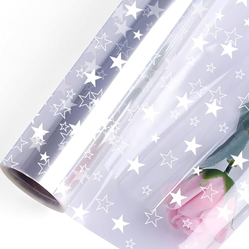 100m x 80cm White Star Cellophane Wrap Florists Flowers, 2.5 Mil Christmas Cellophane Roll Hampers Gifts Wrapping Gift for Fruit Bouquet Craft Basket Sweet Birthday Wedding Party Packaging