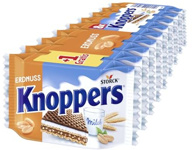 Knoppers Erdnuss 8+1 Extra – 1 x 225g – Gefüllte Waffelschnitte mit Erdnusscreme, feinsalzigen Erdnussstückchen und leckerer Milchcreme