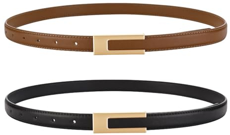 flintronic Ledergürtel Damen, Verstellbarer Schmaler Taillengürtel für Damen, Dünner Gürtel, Skinny Retro Taillengürtel Klassisch Damengürtel für Kleider Hosen Jeans (Schwarz + Karamell)