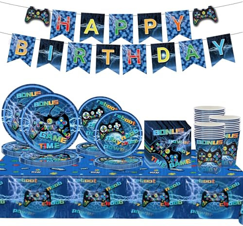 70Pc Party Game Tableware Set,Blue Party Game Happy Birthday Banner with Video Game Napkins Paper Plates Cups and Blue Game Tablecloth,Game Theme Dinnerware Kit for Boys Girls Kids Game Party Décor