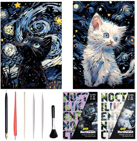 Georgie Porgy Kratzbilder Set DIY Bastelsets für Kinder Erwachsene Magic Rainbow A3 Kratzpapier für Weihnachten Geburtstagsgeschenk mit Kratzwerkzeuge Kit (Nachtleuchtend Katzen)