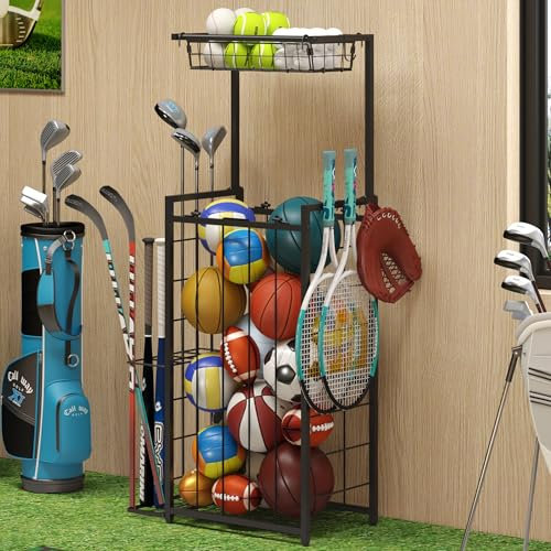 Sports Equipment Organizer, Small Garage Ball Storage Rack with Elastic Straps and 3 Hooks, Garage organization Storage Rack for Balls and sports equipment, Toy Organizer Stand for Room, Gym, Black