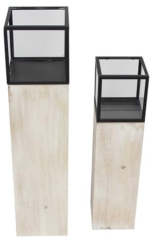 Windlichtsäule Modern, 2er Set, Holz, Metall, Mattschwarz, Glas Maße: 15 x 15 x 60 cm, 18 x 18 x 78 cm, ohne Kerzen