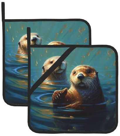 Isolierte Topflappen mit Tasche für Küche, hitzebeständige heiße Pads für Arbeitsplatten, Seeotter, Malofen, Topflappen zum Kochen, Backen, Backofen, heiße Halter, 20,3 cm Untersetzer, 2 Stück