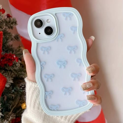 QLTYPRI Bow Case for iPhone 15 Pro Max, Clear Cute Ribbon Bow Phone Case Curly Wavy Aesthetic Phone Case, Slim Soft Transparent Shockproof Protective Cover for Women Girls - Light Blue