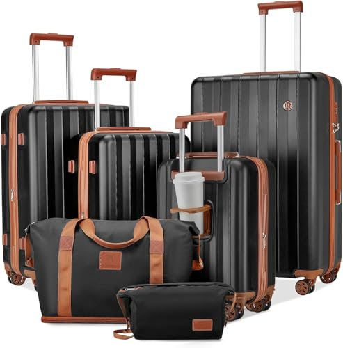 Joyway Koffer Handgepäck Kofferset 4 teilig, Hartschalen Reisekoffer mit Getränkehalter, 4 Rollen TSA-Schloss Der Koffer, Schwarz Braun