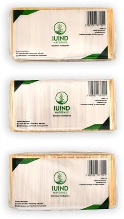 Palillos de dientes de madera de bambú delgados (1,3 mm) – Paquete de palillos de cóctel a granel – Se adapta perfectamente entre los dientes – 6,5 cm de largo – Juego de 3 unidades (2970 unidades