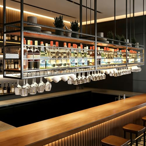 amhricho Deckenregal Weinregal, 2-Lagiger Industrieller Hängender Weinflaschenhalter mit Glashalter, Metall-Deckenregal für Bar Café Küche, Schwarz, 160 * 30 * 50+40CM
