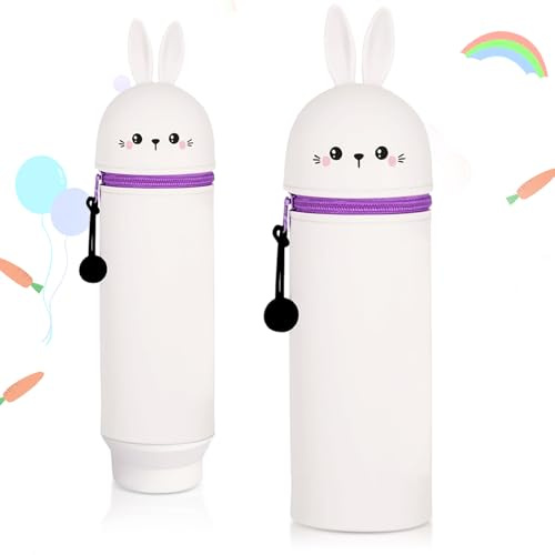FOYIOLRU Kawaii Étui École 2 en 1 en Silicone Souple, Porte Stylos de Table, Trousse à Crayons Stand Up, Pot à Crayons Animalier avec Fermeture Éclair
