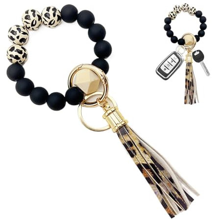 Lpolkvemelh Schlüsselanhänger Damen Armband, Auto Schlüsselanhänger Silikon Perlen Handgelen Schlüsselkette mit Quaste Tragbares Haus Autoschlüssel Ring Geschenke für Frauen, Leopard+Black