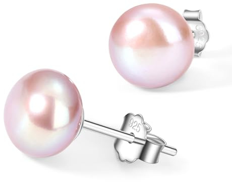 YAMI Perlenohrringe Silber 925, 6-9.5mm Weiß/Rosa SüßwasserPerle Ohrstecker | Damen-Ohrringe Perlen aus Echten Zuchtperlen in Knopfform, Hypoallergen