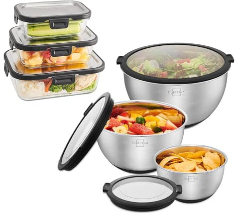 SILBERTHAL Edelstahl Schüssel mit Deckel mit Frischhaltedosen Glas - Meal Prep Set für Unterwegs und Daheim