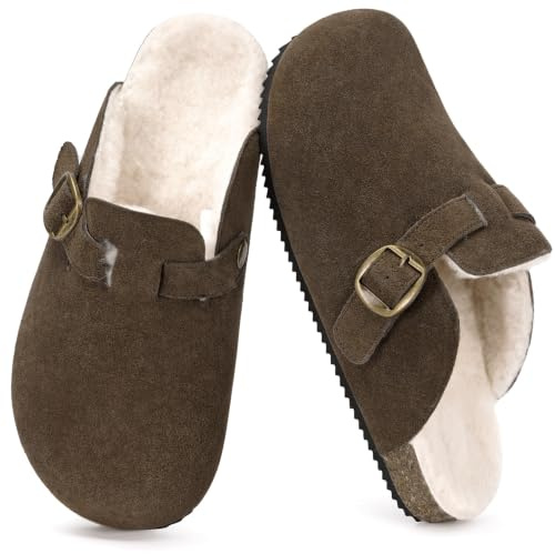 Dokela Clogs Gefüttert Damen Hausschuhe Herren Winter Schuhe | Leder Pantoletten Wärme Gefüttert, Haus Schlappen Mit Kork-Fußbett, Rutschfeste, Bequeme