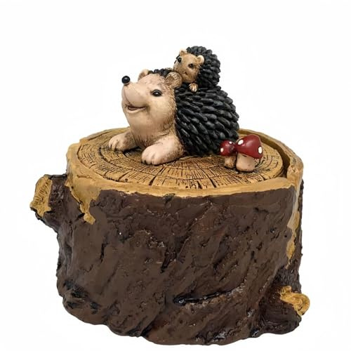 Vyloky Dekorativer Aschenbecher mit Tier-Deckel - Baumstumpf Design (Eichhörnchen, Igel, Eule, Koala) für Wohnzimmer, Balkon & Geschenk (11x11cm) (Igel)