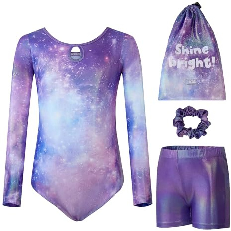 Tstiti Gymnastics Leotards for Girls Long Sleeve Kids Tumbling Gymnastic Outfit Clothes with Shorts Storage Bag