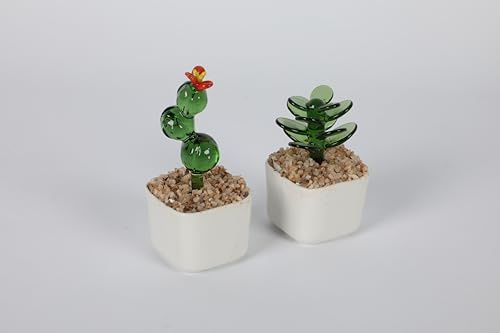 GYHPD Decorative Glass Cactus in White Ceramic Pot Desktop Ornament Home Decor Height 3 Plant Bonsai Figurine Decoration Gift for Succulent Lovers Modern Home Aesthetics