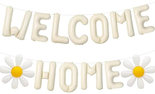 ALEGRE® Welcome Home Deko Ballon, Cremeweiß Willkommen Zuhause Deko Set mit Welcome Home Luftballons und Gänseblümchen Folienballon, Willkommen Zurück Deko für Babyshower, Familie Party, Einweihungs