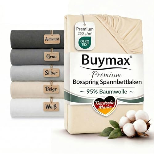 Buymax Boxspringbett Spannbettlaken 140x200 bis 160x220 cm Beige – Premium Jersey 250 g/m² – 95% Baumwolle 5% Elastan – bis 35 cm Matratzenhöhe
