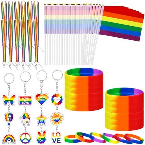 60 Stück Gay Pride Geschenke Accessories LGBTQ Flagge Gay Flag Pride Silikon Armband Rainbow Lanyard Schlüsselband LGBT Pride Schlüsselanhänger für LGBT Gay Pride Month LGBTQ Parades Dekorationen