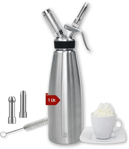Schneider Sahnespender 1,0L Edelstahl Sahnesiphon mit 3 Tüllen & Bürste