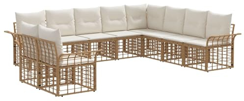 vidaXL Outdoor-Sofagarnitur 10 pcs Natürlich und Cremweiß Polyester, Moderne, wetterfeste, modulare Garten-Lounge, verstellbare Füße, entspannendes Sitzset für draußen