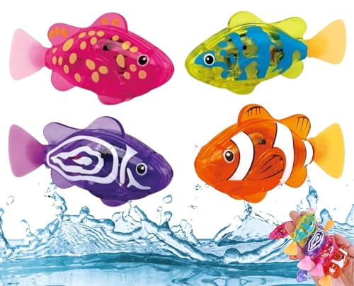 RUTYAUB Robos Fish 4 Stück Roboter Fisch Set, Schwimmende Fische mit LED Licht, Elektrische Fische Spielzeug für Badewanne Aquarium Pool, Robofisch für Wasser, Interaktives Katzenspielzeug (4 Stück)