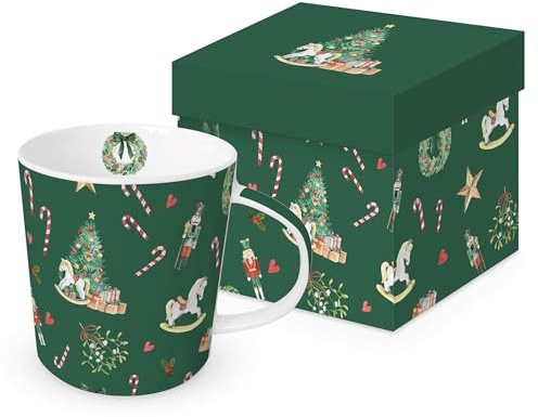 PPD Heritage Becher, Grün, Weihnachtsmotiv mit Nussknacker, Zuckerstangen und Schaukelpferd, Inklusive Geschenkbox
