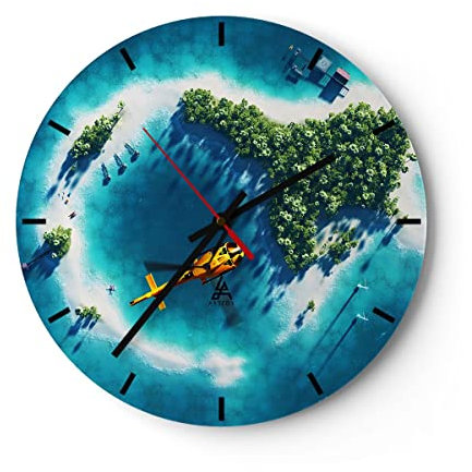 Modern Wanduhr Hubschrauber Ozean Insel Paradies 40x40cm Rund Groß Wand Uhr Glas Analog Zimmeruhren Küche Büro Wohnzimmer Glasuhr Wall Clock Dekoration Design Wanddekoration Küchenuhr C3AR40x40-2965