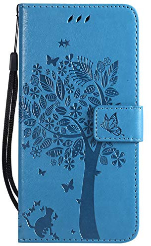 Samsung J6 Plus 2018 Case Flip, Shockproof PU Leather Wallet Phone Cases Cat & Tree with Stand Magnetic Money Pouch Folio Gel Bumper Slim Fit Protective Cover for Samsung Galaxy J6 Plus Blue