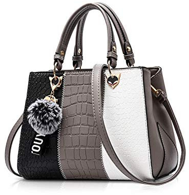 NICOLE & DORIS Damen Handtasche Umhängetasche Henkeltasche Kuriertasche Elegant Damen Handtaschen mit Kaninchen Pelz Kugel Plüsch Schlüsselring Grau 1