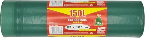 JUFOL Gartenabfallsack 150 L 10 Stück/Rolle (850 x 1050 mm, aus LDPE, grün, bis zu 150 Litern, mit Zugband, robust, Abfallsack, Gartensack) 30031