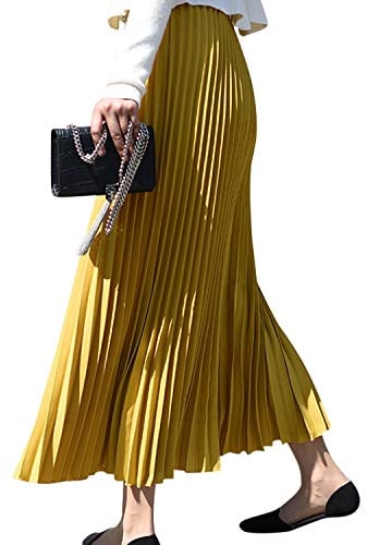 Camilife Damen Mädchen Plisseerock in Maxilänge Plissee-Maxirock Elastische Chiffon Langer Faltenrock Elastischer Bund für Frühling Sommer Herbst - 90cm Einfarbig Ingwer Gelb