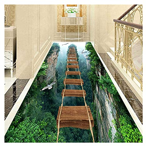 Siunwdiy Läufer Teppiche Flur, 3D Canyon Mit Hölzerner Hängebrücke Design Lange Schmale Teppiche Weiche rutschfeste Hochleistungs-Wohnzimmerteppich Für Flurtreppen Schlafzimmer,80 * 300cm