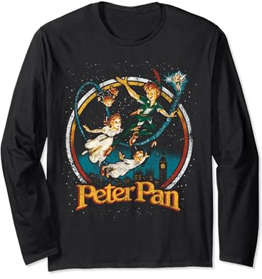 Disney Peter Pan Vintage Style Group Shot Logo Manche Longue