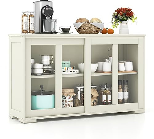 COSTWAY Buffet avec 2 Étagères, 2 Portes Coulissantes en Verre, Meuble Bas pour Salon, 107 x 33 x 62 cm (Beige)