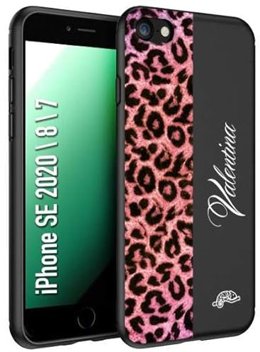 CUSTOMIZZA - Custodia cover nera morbida in tpu compatibile per iPhone 7-8 - SE 2020/2022 leopardato rosa fucsia personalizzata nome iniziali