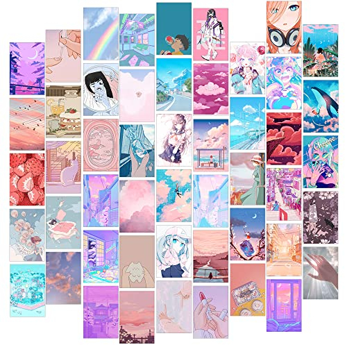 Decoración de habitación Kawaii rosa, 50 piezas de decoración de pared Kawaii para decoración de habitación japonesa, lindas cosas Kawaii y accesorios de anime para habitación, pósteres de anime para