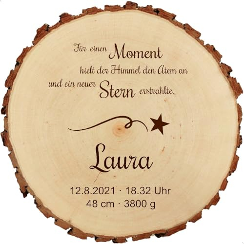 Baumscheibe 23cm mit Gravur (Name, Datum, Uhrzeit, Gewicht, Größe) personalisierte Holz-Scheibe Taufgeschenke Geschenke zur Geburt Taufe, MotivGE1