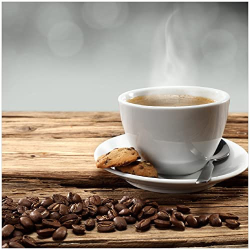 Wallario Glasbild Heiße Tasse Kaffee mit Kaffeebohnen - 30 x 30 cm Wandbilder Glas in Premium-Qualität: Brillante Farben, freischwebende Optik