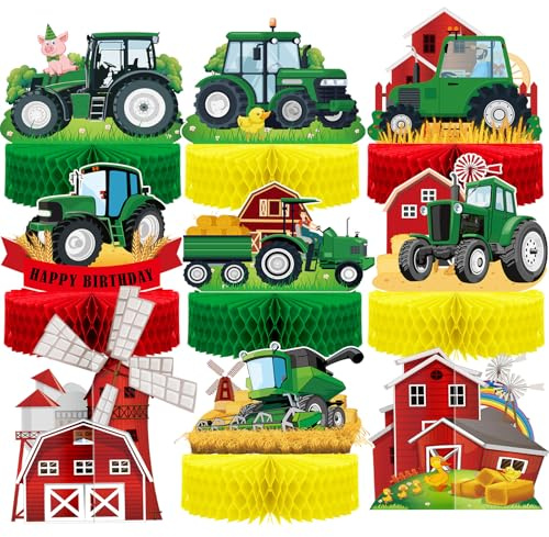 9 Pcs Tractor Honeycomb Table Centerpiece Farm Green Tractor Themed Birthday Party Supplies Tractor Lawn Party Decorations Animal Farmer Table Topper Party Favor for Farmhouse Truck Decor