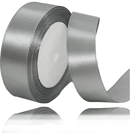 Geschenkband Silber 25mm Breit, 23 Meters Satinband Grau Geschenkbänder Stoff Schleifenband Dekoband zum Geschenkverpackung, Bastelarbeiten, Geburtstag und Hochzeitsdekoration
