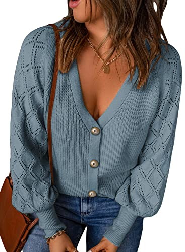 Dokotoo Strickjacke Damen V-Ausschnitt Cardigan Elegant Einfarbig Kurz Strickmantel Strickcardigan Herbst Winter Strickpullover Jacke mit Knopf, himmelblau, XXL