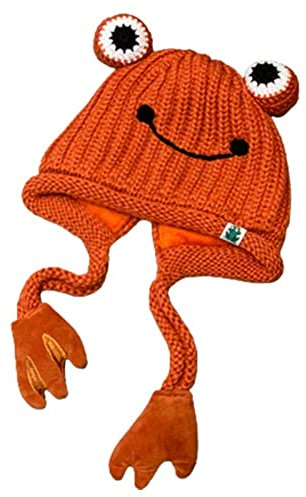 Damen-Strickmütze mit Frosch-Motiv, gestrickt, für den Winter, Ohrenschutz, großes Auge, Herbstmütze, Orange/Abendrot im Zickzackmuster (Sunset Chevron), Medium