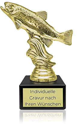 Angler Pokal mit Gravur Wunschtext | Angeln Geschenk | Fischfigur als Pokal in Gold | Trophäe für Angler | Wanderpokal fürs Angeln | Pokal Gold mit Gravur | Fisch als Design Trophy (Forelle Gold)