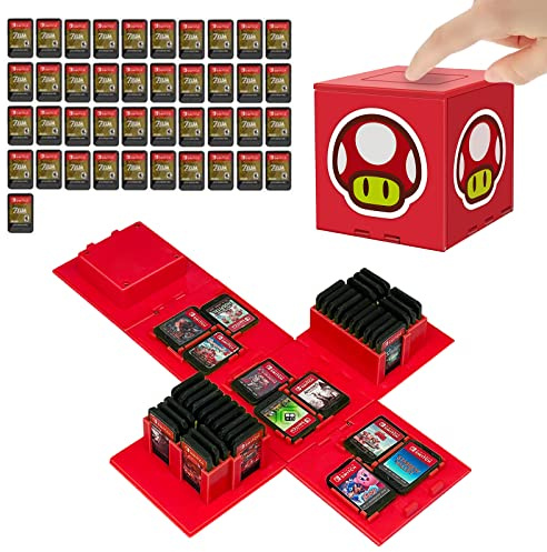 doepeBAE Game Holder for Nintendo Switch, Extra Large Capacity Switch Game Case, Upgraded 41 Slots Switch Game Card Storage Box, Press to Unfold Fun Switch Card Case (Red Mushroom)