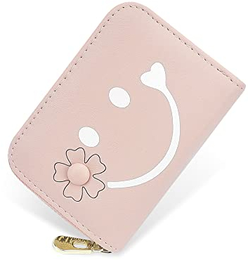 conisy Kreditkartenetui Damen, Süße Leder Orgel-Stil Tragbar Kartenetui Mit Reißverschluss (Rosa Smiley)