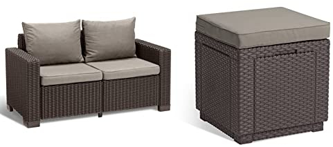 Keter Allibert by Gartenlounge Sofa California 2-Sitzer, braun/warm Taupe, 141x68x72 cm & Allibert by Cube Hocker mit Stauraum, braun, inkl. Kissen, Deckel abnehmbar, 42x42x39cm