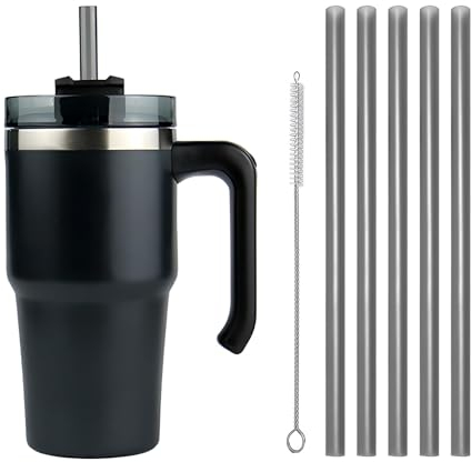 Moollyfox Edelstahl Vakuum Isolierbecher Doppelwandiger mit Griff Strohbürste und 5 Strohhalm Becher Tumbler Tragbare Autobecher Reisebecher für Wasser, Kaffee, Smoothie Getränke (Schwarz, 20oz/600ml)