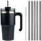 Moollyfox Mug Isotherme avec Poignée Couvercle Brosse et 5 Pailles Tasse à Café Acier Inoxydable sans BPA Double Isolée Gobelet Isotherme pour Eau, Café, Smoothie et Boissons Noir 20oz/600ml